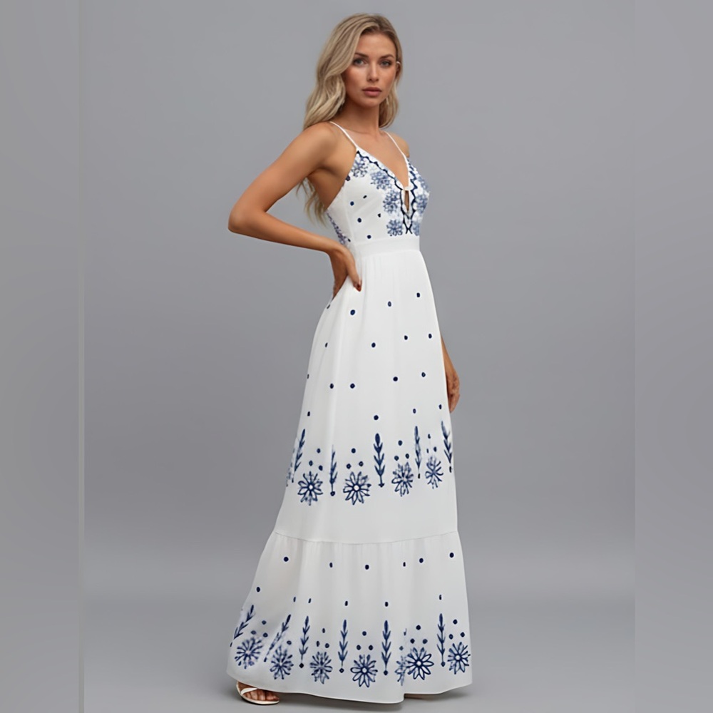Boho Floral Print Low Cut Maxi Dress White - Picture 3 of 7